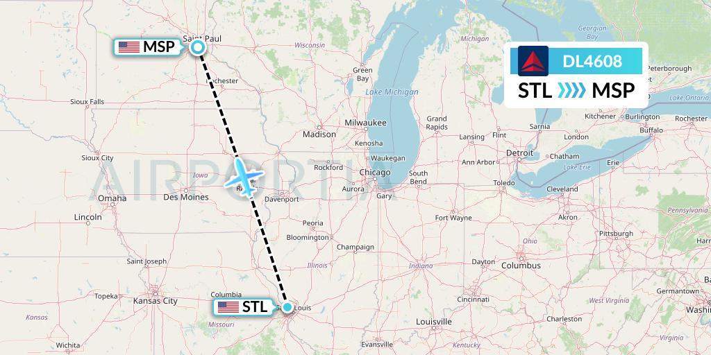 DL4608 Delta Air Lines Flight Map: St. Louis to Minneapolis