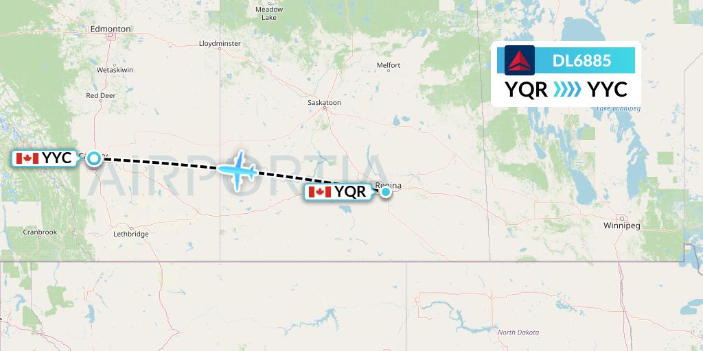 DL6885 Delta Air Lines Flight Map: Regina to Calgary