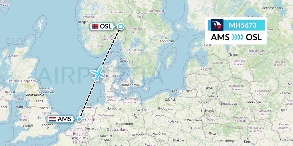 MH5673 Malaysia Airlines Flight Map: Amsterdam to Oslo