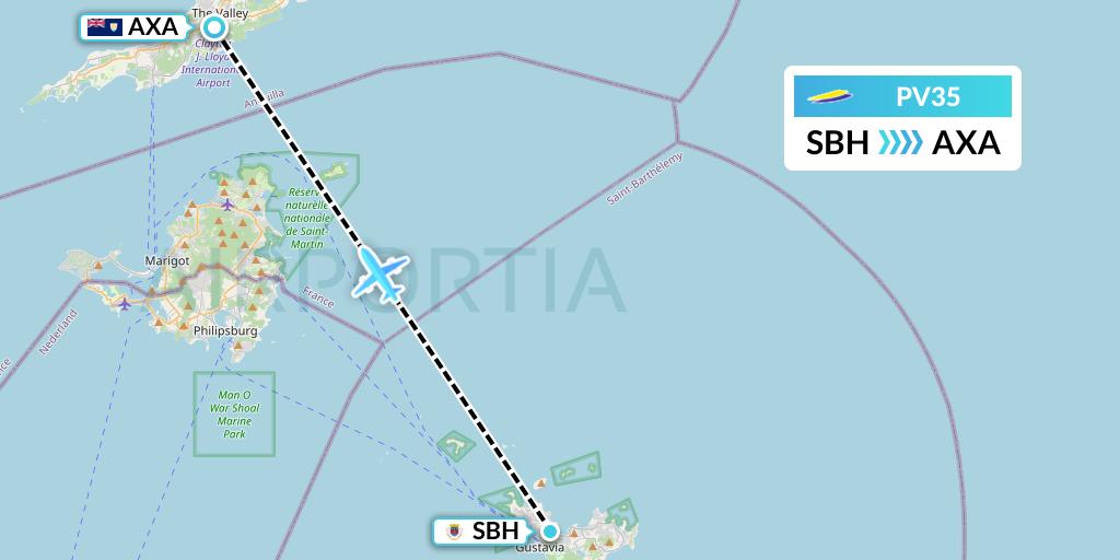 PV35 St. Barth Commuter Flight Map: St. Jean to The Valley