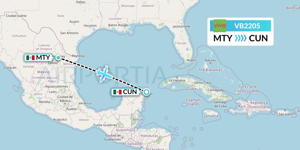 VB2205 VivaAerobus Flight Map: Monterrey to Cancun