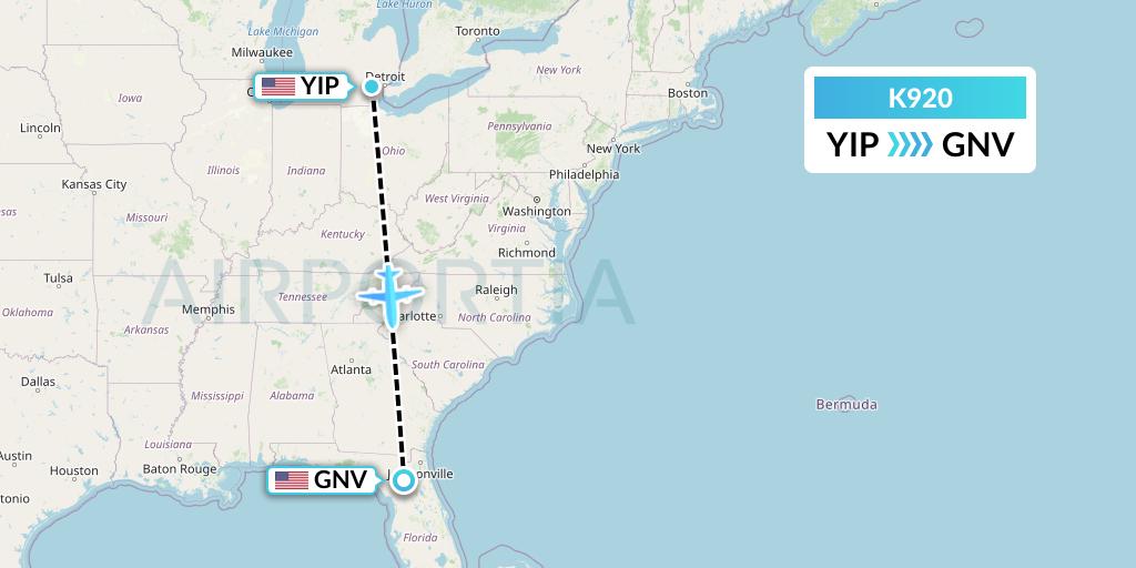 K920 Kalitta Charters Flight Map: Detroit to Gainesville