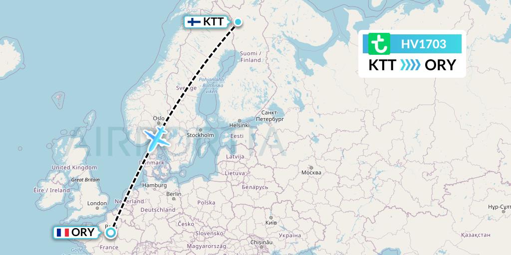 HV1703 Transavia Flight Map: Kittila to Paris