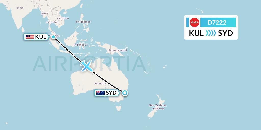 D7222 AirAsia X Flight Map: Kuala Lumpur to Sydney