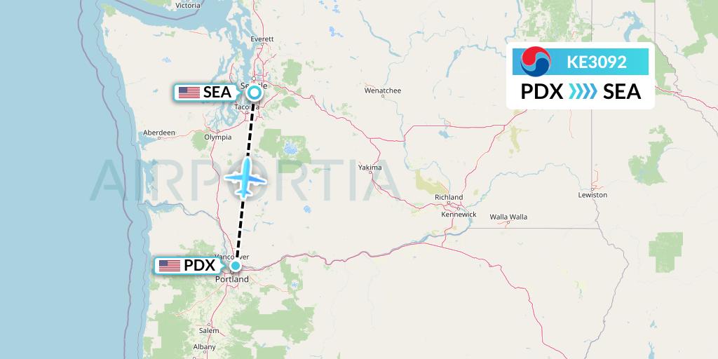 KE3092 Korean Air Flight Map: Portland to Seattle