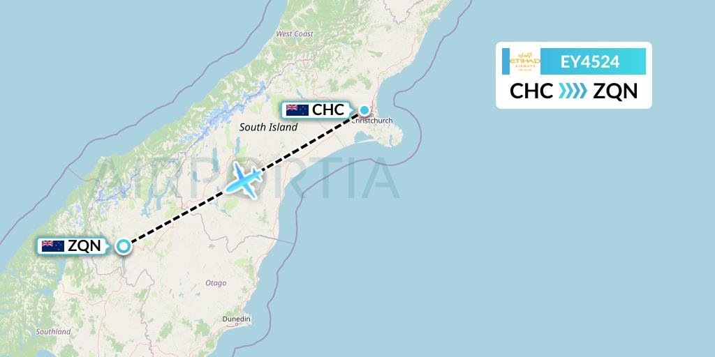 EY4524 Etihad Airways Flight Map: Christchurch to Queenstown