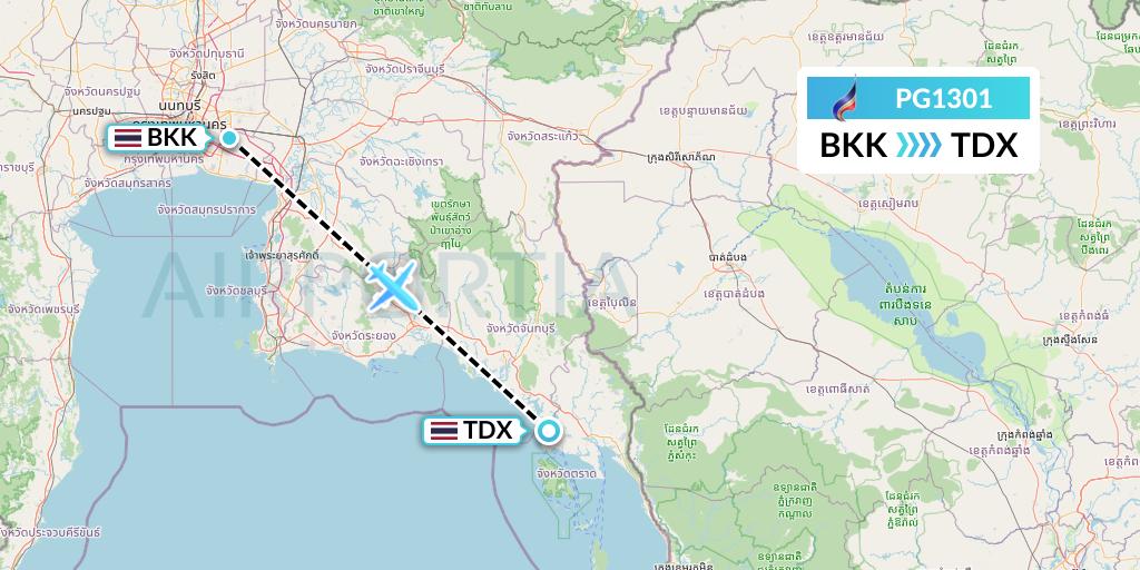 PG1301 Bangkok Airways Flight Map: Bangkok to Trat