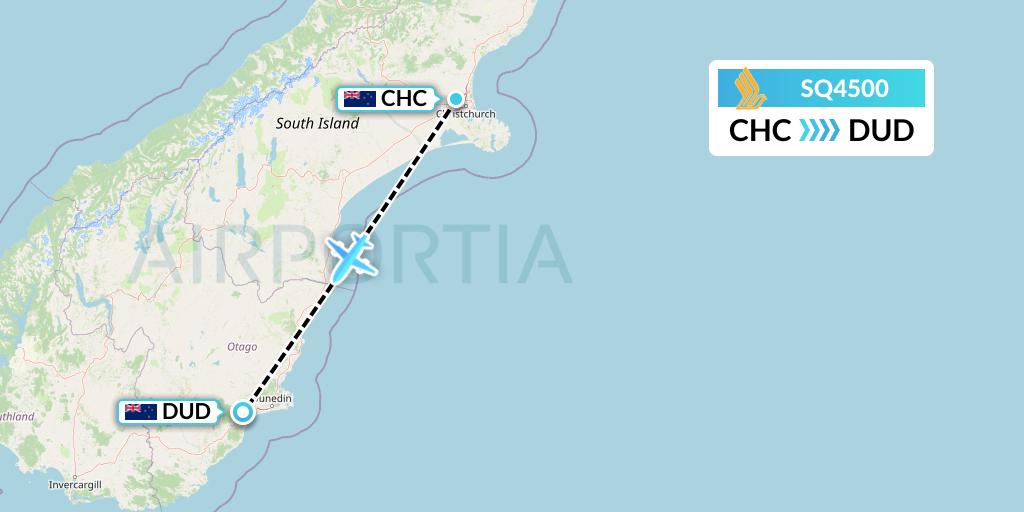 SQ4500 Singapore Airlines Flight Map: Christchurch to Dunedin