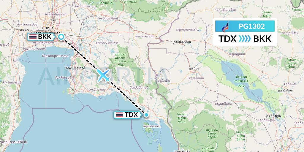 PG1302 Bangkok Airways Flight Map: Trat to Bangkok