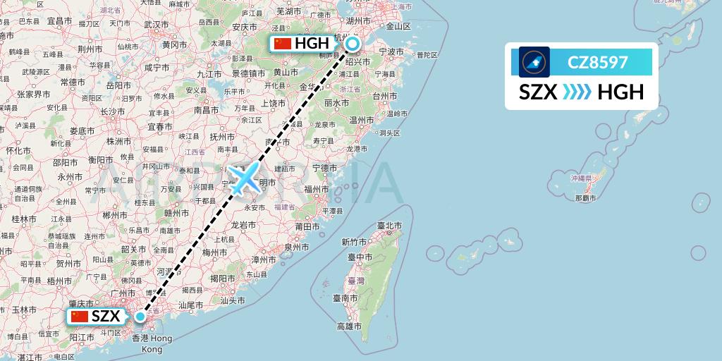 CZ8597 China Southern Airlines Flight Map: Shenzhen to Hangzhou