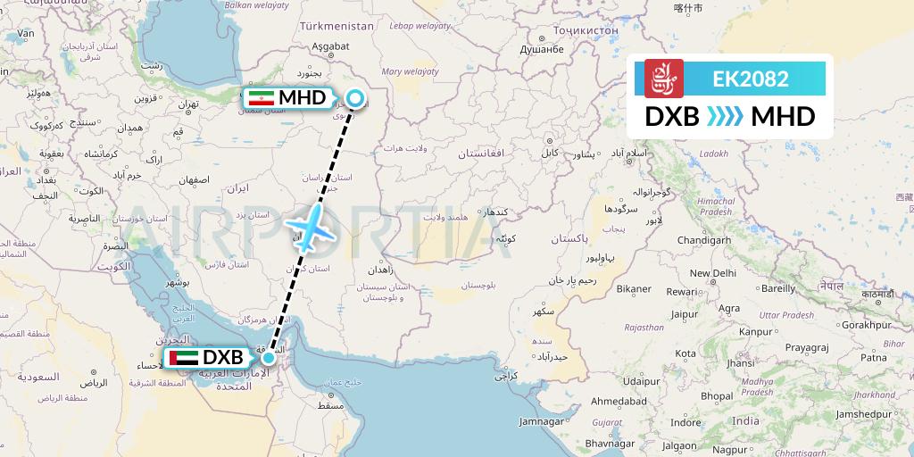 EK2082 Emirates Flight Map: Dubai to Mashhad