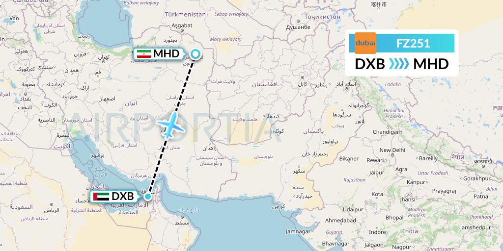 FZ251 FlyDubai Flight Map: Dubai to Mashhad