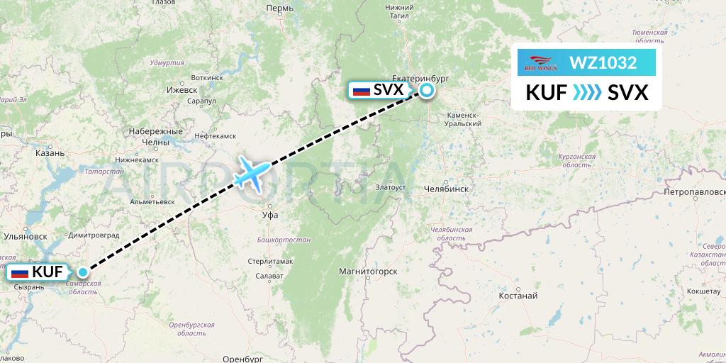 WZ1032 Red Wings Flight Map: Samara to Yekaterinburg