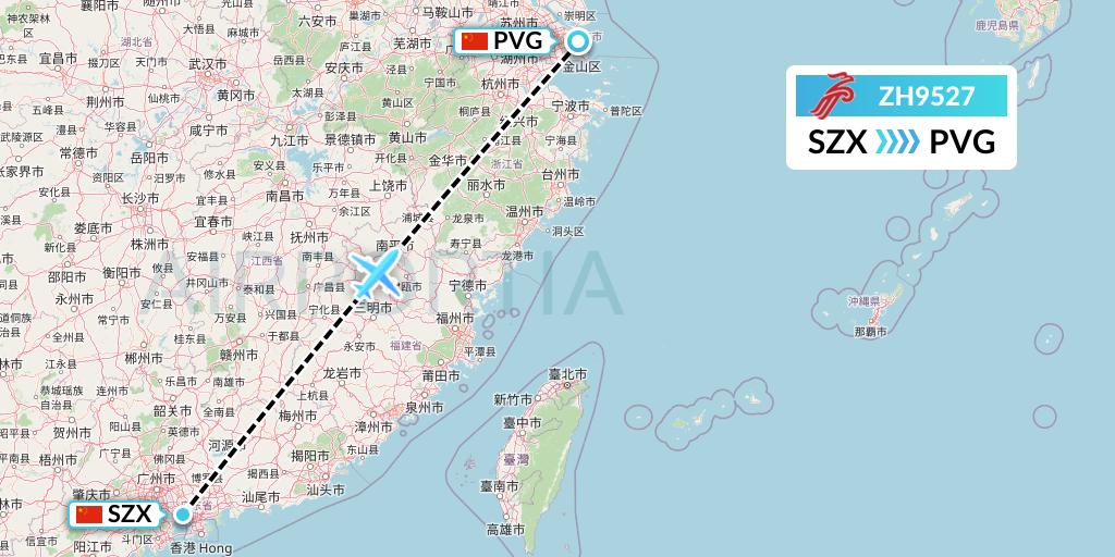 ZH9527 Shenzhen Airlines Flight Map: Shenzhen to Shanghai