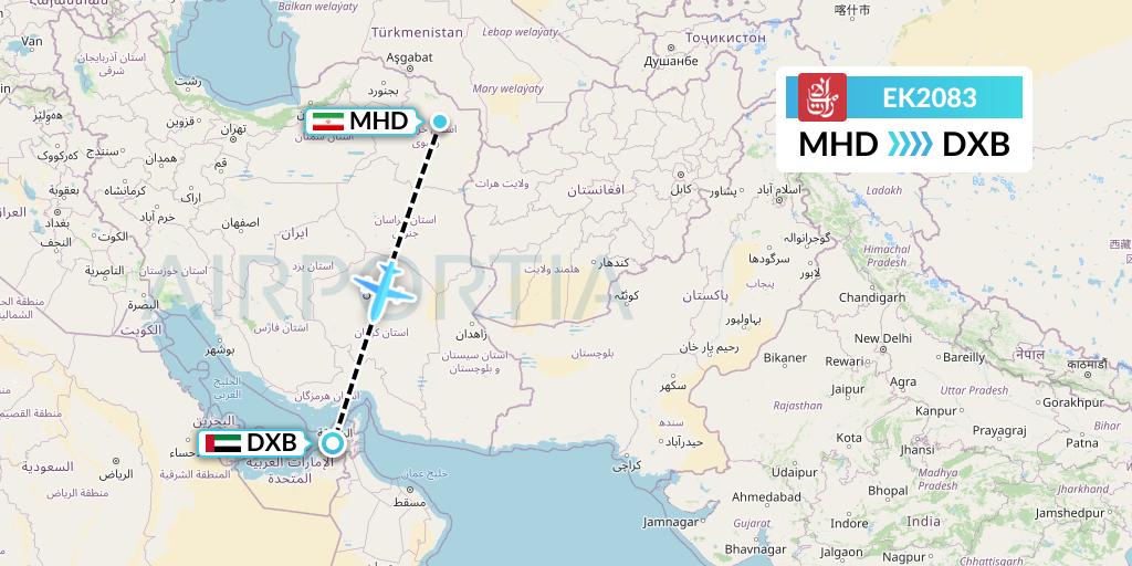 EK2083 Emirates Flight Map: Mashhad to Dubai