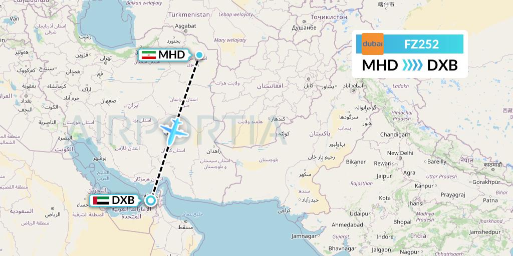 FZ252 FlyDubai Flight Map: Mashhad to Dubai