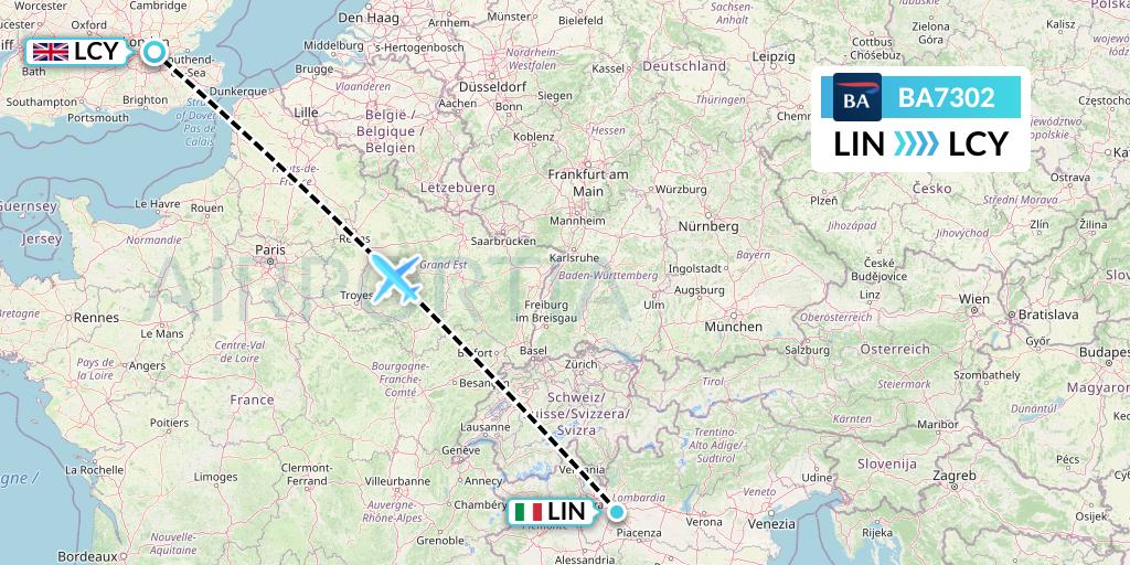 BA7302 British Airways Flight Map: Milan to London