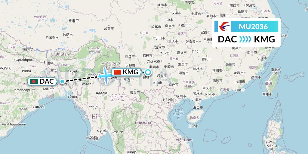 MU2036 China Eastern Airlines Flight Map: Dhaka to Kunming
