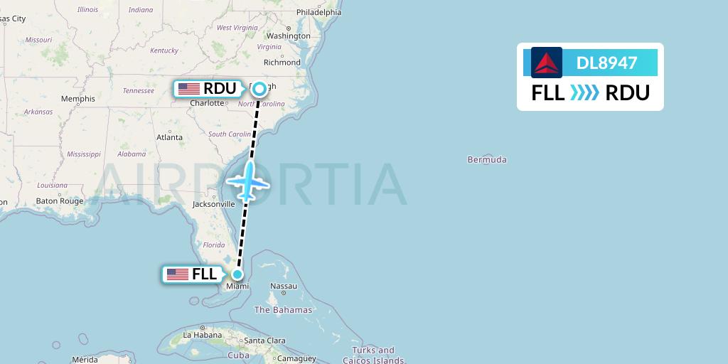 DL8947 Delta Air Lines Flight Map: Fort Lauderdale to Raleigh-Durham