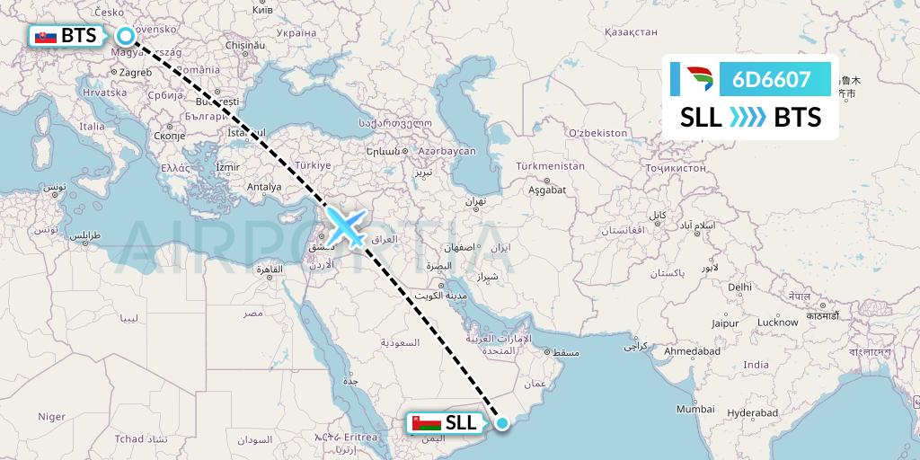 6D6607 Travel Service Slovakia Flight Map: Salalah to Bratislava