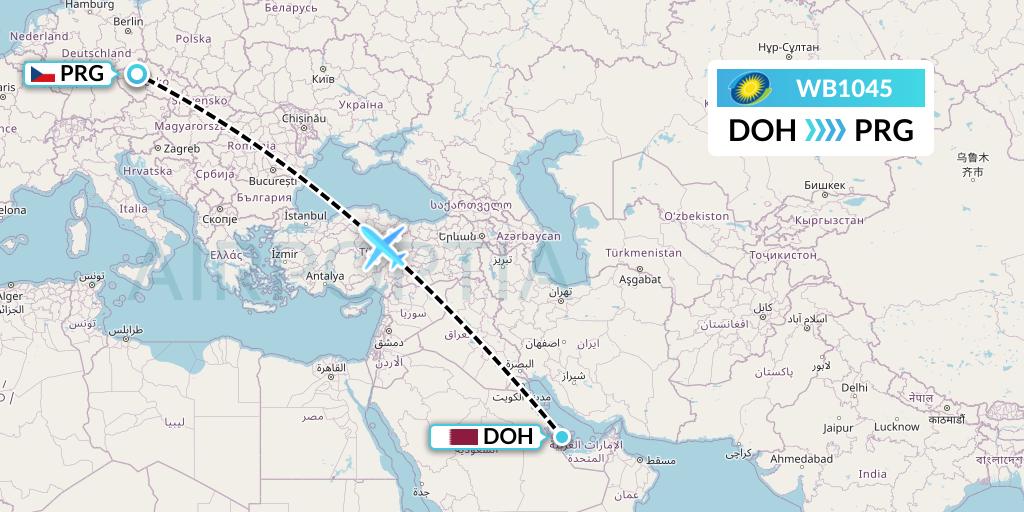 WB1045 RwandAir Flight Map: Doha to Prague