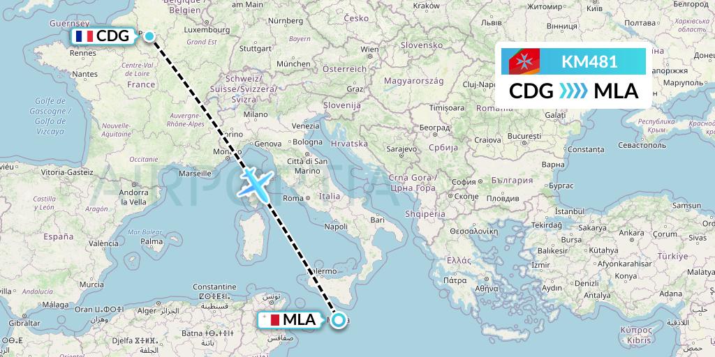 KM481 Air Malta Flight Map: Paris to Malta