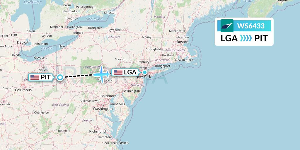 WS6433 WestJet Flight Map: New York to Pittsburgh