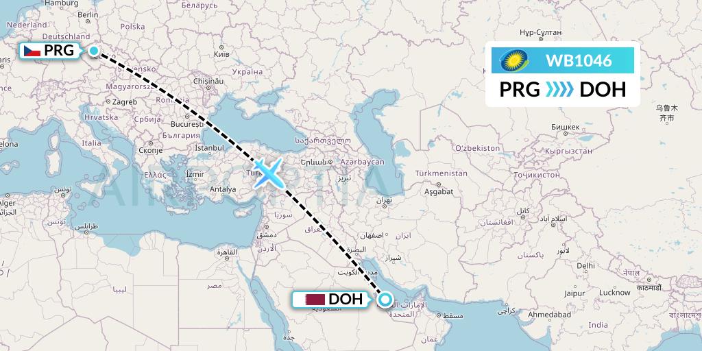 WB1046 RwandAir Flight Map: Prague to Doha