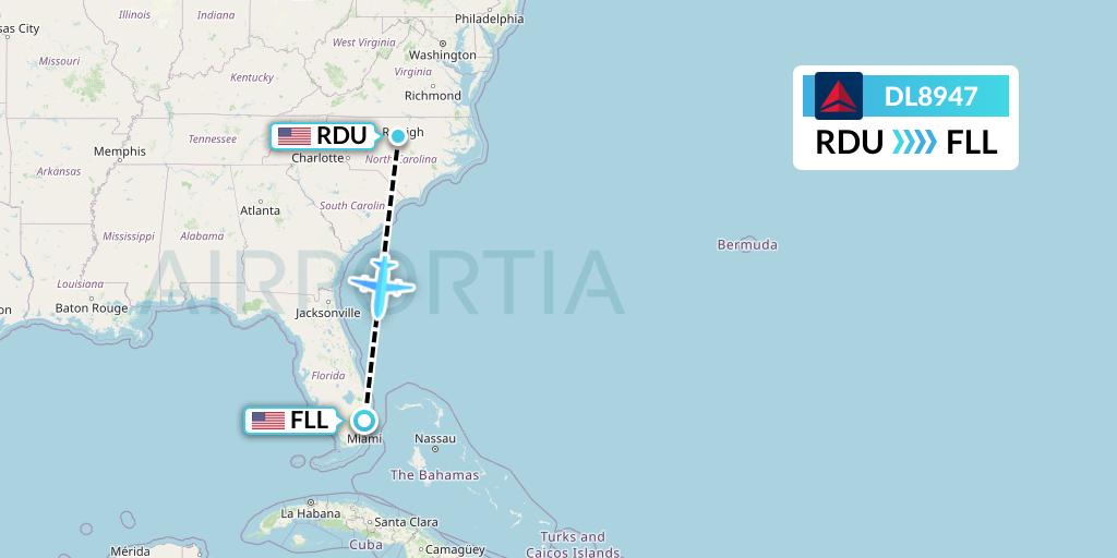 DL8947 Delta Air Lines Flight Map: Raleigh-Durham to Fort Lauderdale