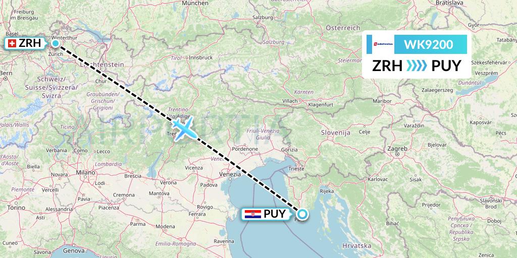 WK9200 Edelweiss Air Flight Map: Zurich to Pula