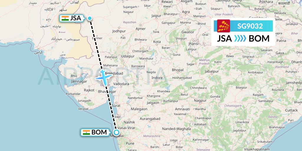 SG9032 SpiceJet Flight Map: India to Mumbai