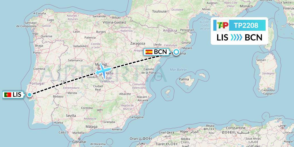 TP2208 TAP Portugal Flight Map: Lisbon to Barcelona