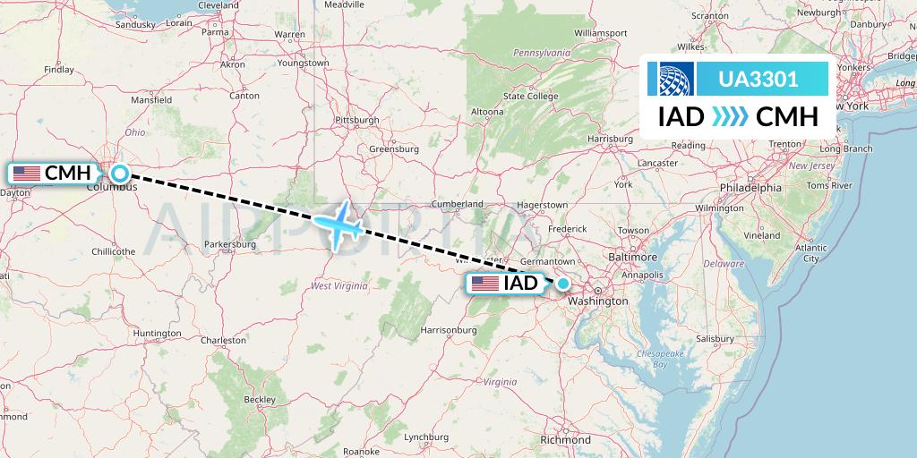 UA3301 United Airlines Flight Map: Washington to Columbus
