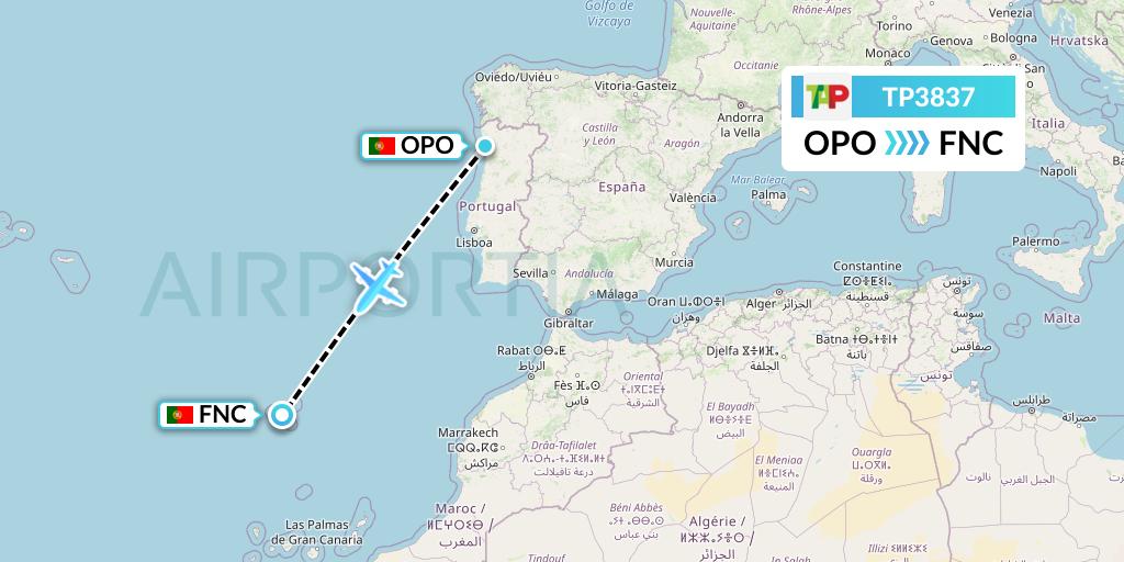 TP3837 TAP Portugal Flight Map: Porto to Funchal