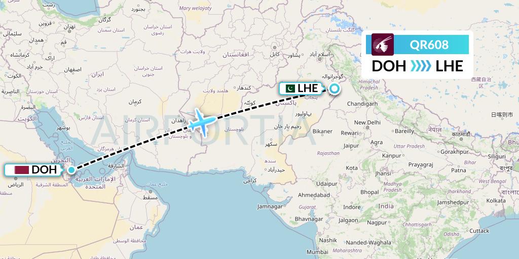QR608 Qatar Airways Flight Map: Doha to Lahore