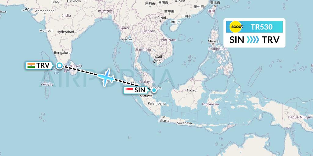 TR530 Tigerair Flight Map: Singapore to Thiruvananthapuram