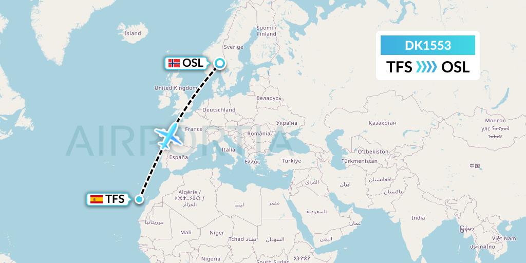 DK1553 Thomas Cook Airlines Scandinavia Flight Map: Tenerife to Oslo