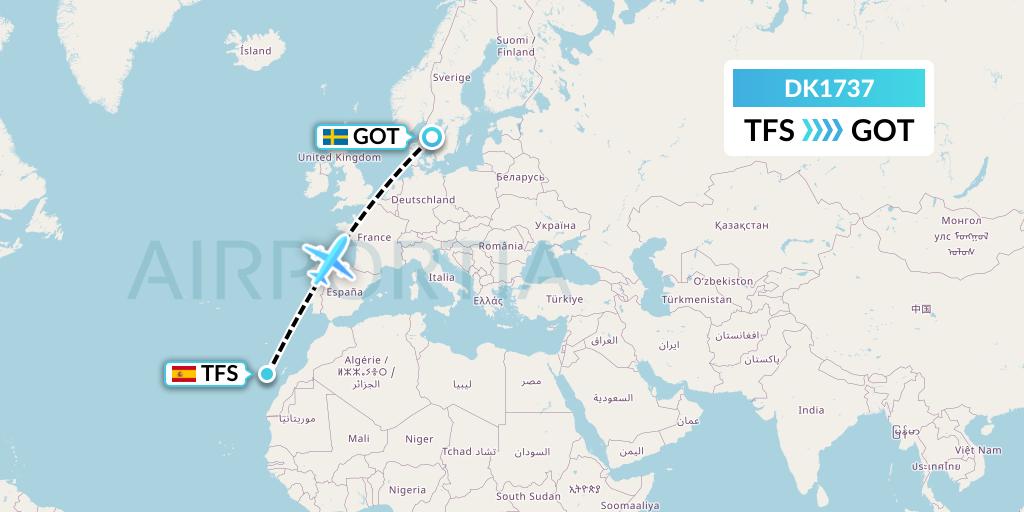 DK1737 Thomas Cook Airlines Scandinavia Flight Map: Tenerife to Gothenburg