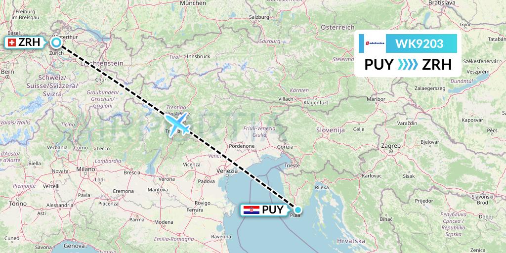WK9203 Edelweiss Air Flight Map: Pula to Zurich
