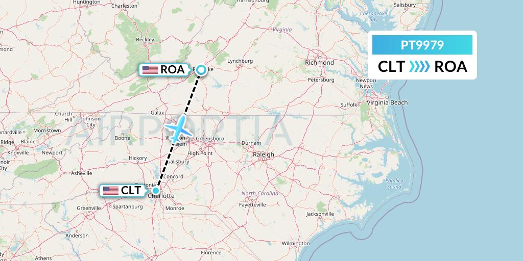 PT9979 Piedmont Airlines Flight Map: Charlotte to Roanoke