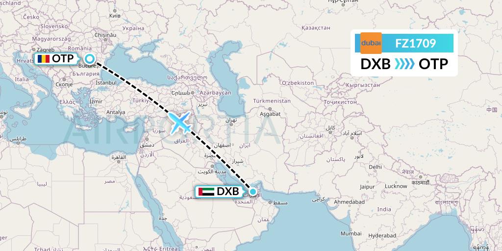 FZ1709 FlyDubai Flight Map: Dubai to Bucharest