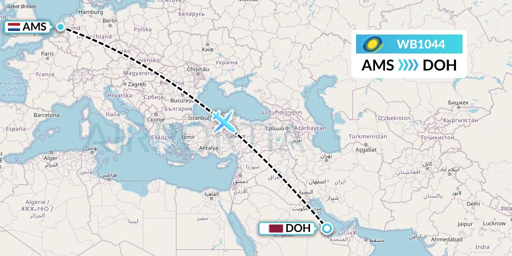 WB1044 RwandAir Flight Map: Amsterdam to Doha