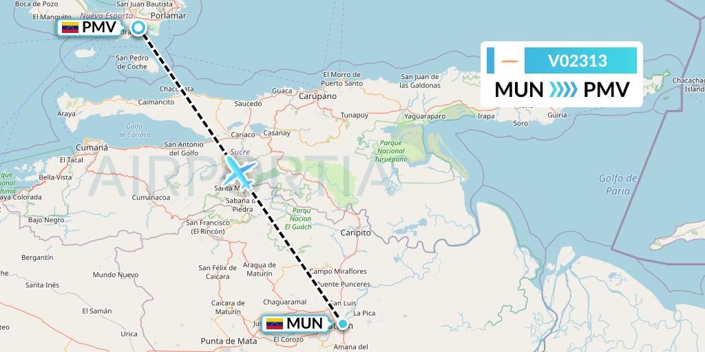 V02313 Conviasa Flight Map: Maturin to Porlamar