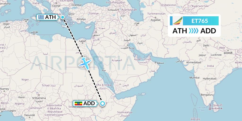 ET765 Ethiopian Airlines Flight Map: Athens to Addis Ababa