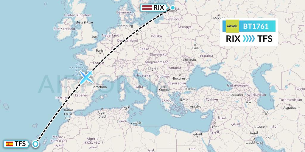 BT1761 Air Baltic Flight Map: Riga to Tenerife