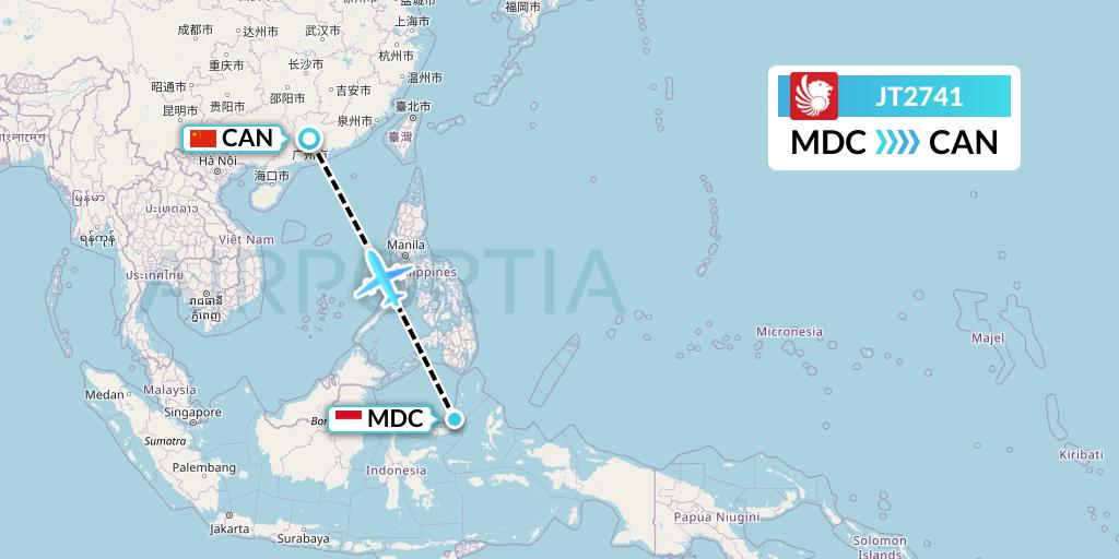 JT2741 Lion Airlines Flight Map: Manado to Guangzhou