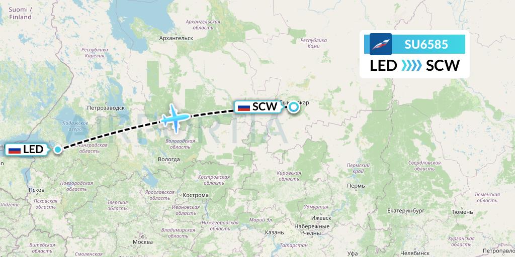 SU6585 Aeroflot Flight Map: St. Petersburg to Syktyvkar