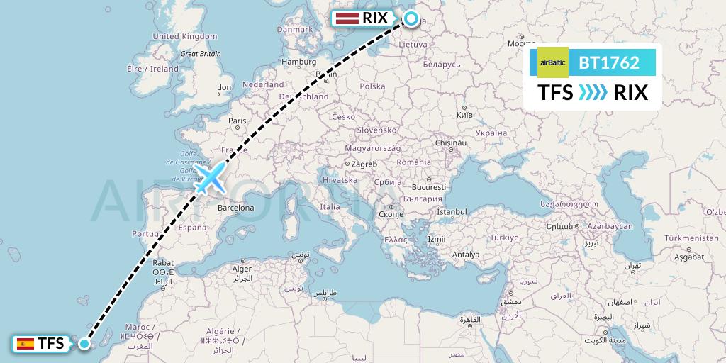 BT1762 Air Baltic Flight Map: Tenerife to Riga