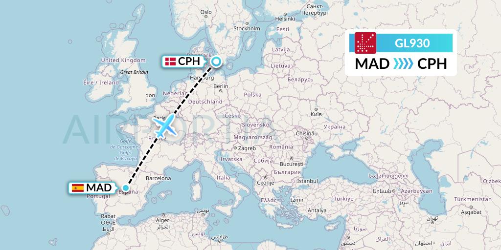 GL930 Air Greenland Flight Map: Madrid to Copenhagen
