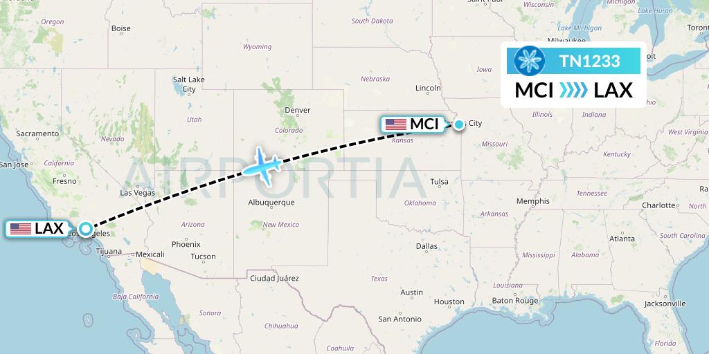 TN1233 Air Tahiti Nui Flight Map: Kansas City to Los Angeles